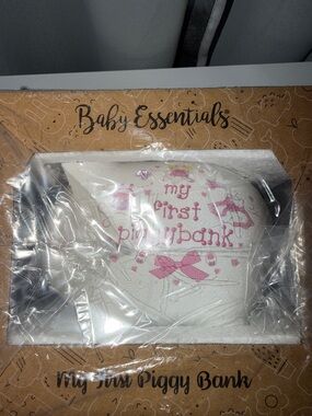 Baby Essentials White Piggy Bank with Pink Accents and Bow